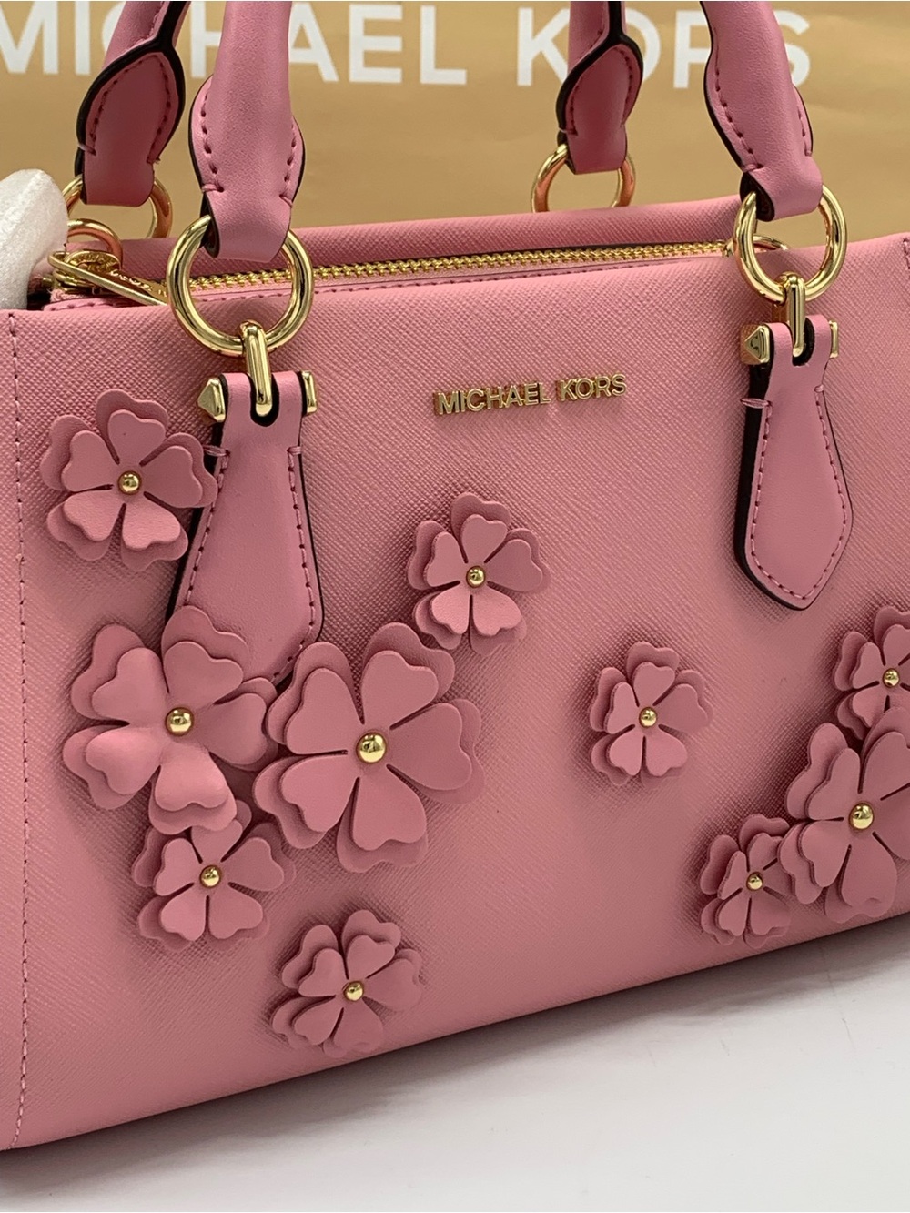 Michael Kors Marilyn Small Floral Embellished Satchel Carnation color - Picture 3 of 14